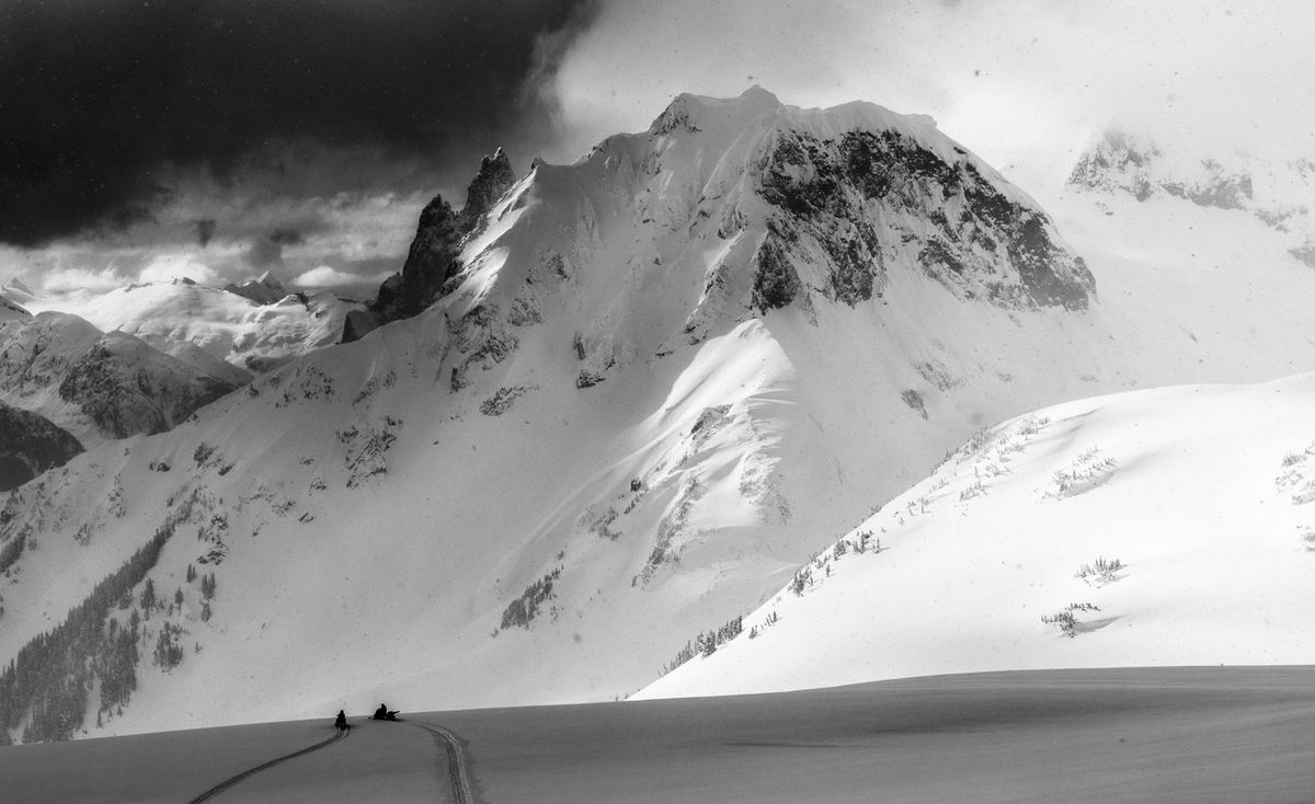 Black and white alpine peak and glacier in the Coast Mountains