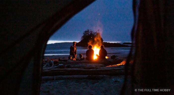 Beach Campfire From the Tent, Chesterman Beach, Tofino, BC