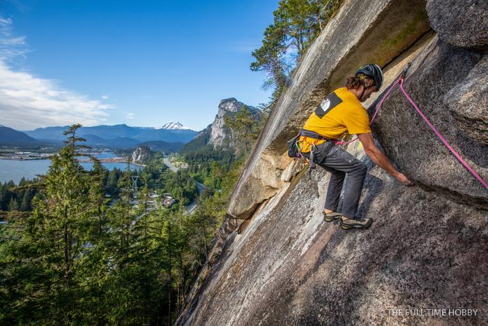 Climber on Granite Above the Sound, Zen Garden, near Shannon Falls, Squamish, BC