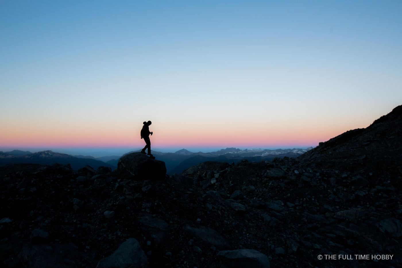 Hiker Silhouette at Blue Hour, Jim Haberl Hut, Tantalus Range, BC