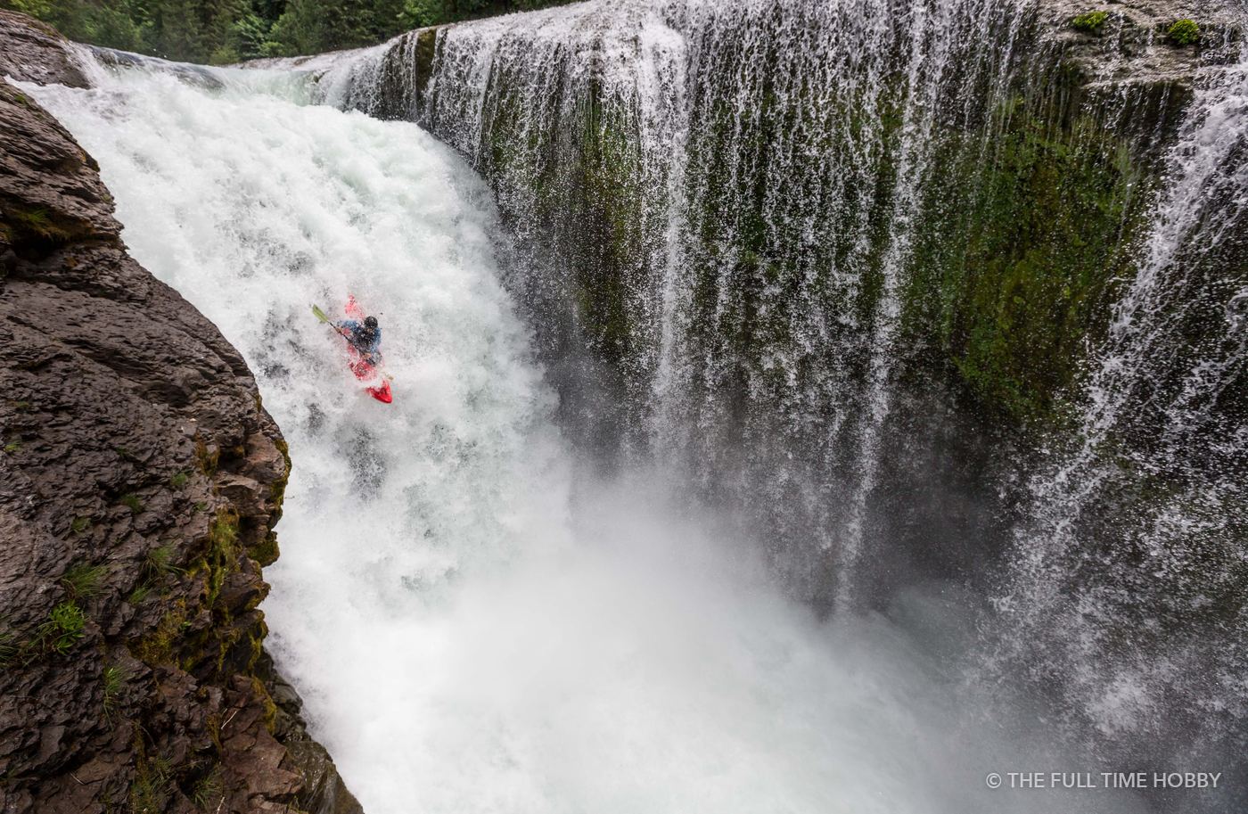 Kayaker in the Waterfall Spray, Lower Lewis River Falls, Washington