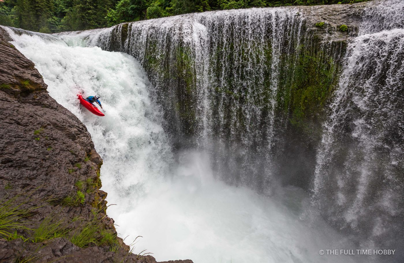 Kayaker Running a Wide Waterfall, Lower Lewis River Falls, Washington
