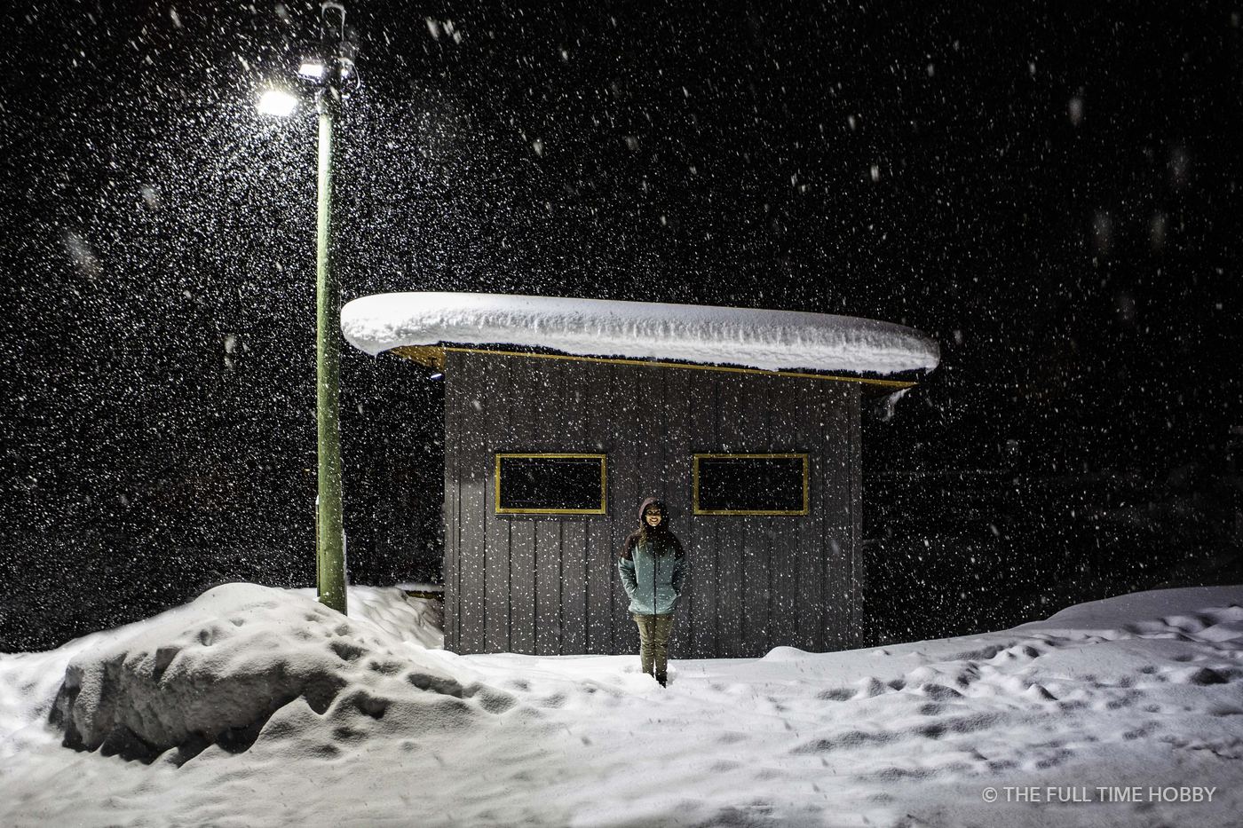 Night Snowfall at the Hut, Kicking Horse Mountain Resort, Golden, BC